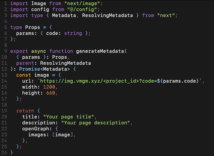 Dynamic metadata code snippet for Next.js